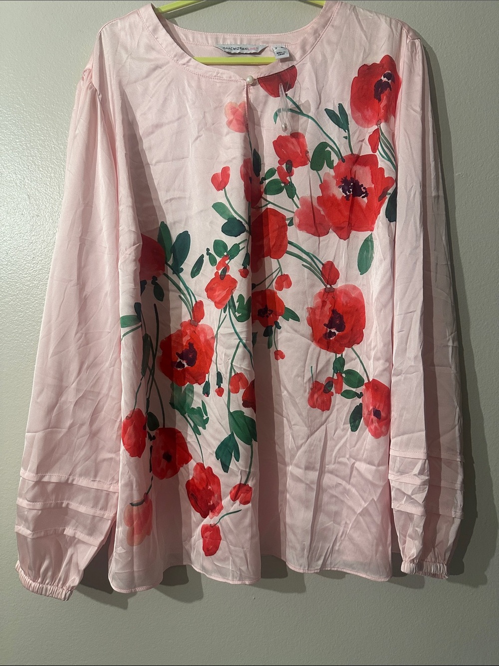 ISAAMIZAHILIVE! Light Pink Floral Long-Sleeve Blouse with Red Poppies Sz 20W
